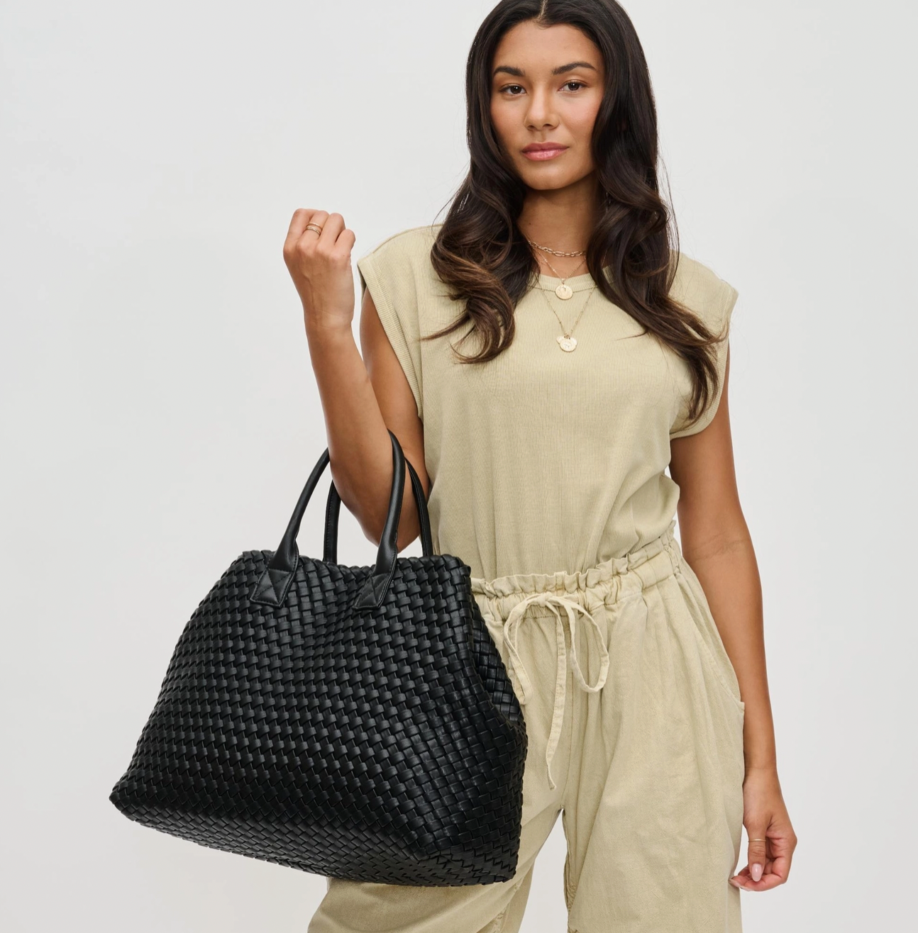 Ithaca Woven Vegan Leather Tote - Black