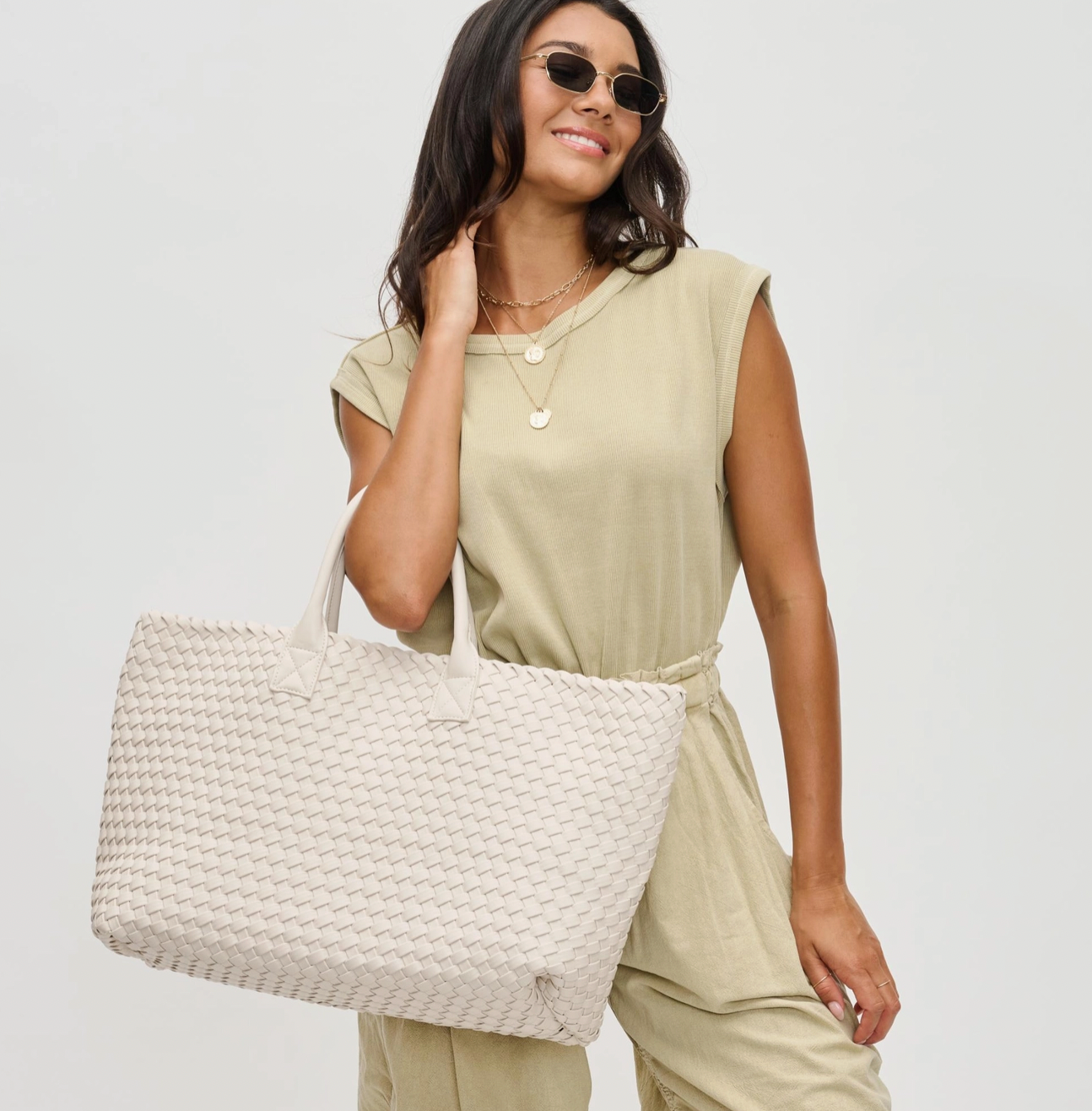 Ithaca Woven Vegan Leather Tote - Beige