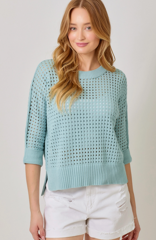 Open Stitch High Low Sweater - Blue