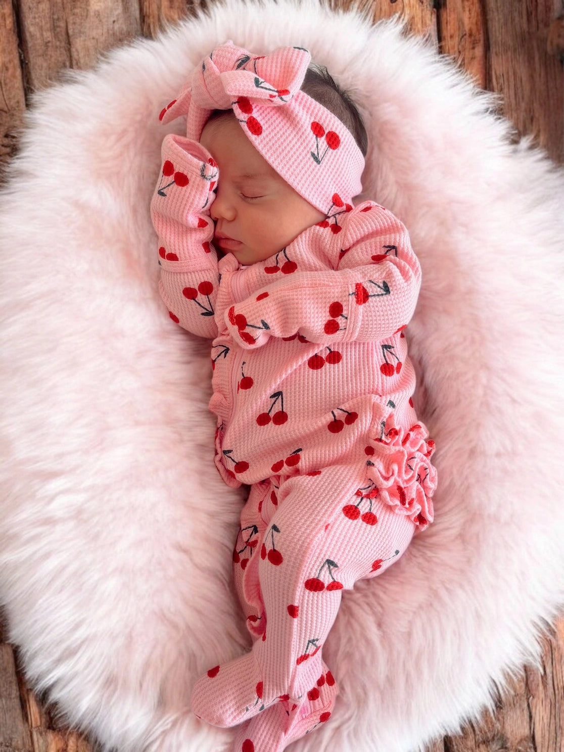 Pink Cherries, Waffle 2-Way Zip Ruffle Footie