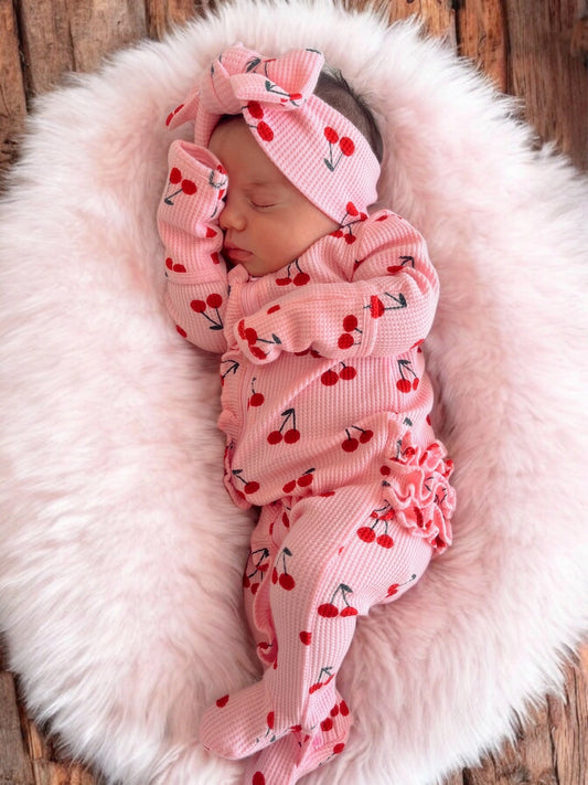 Pink Cherries, Waffle 2-Way Zip Ruffle Footie