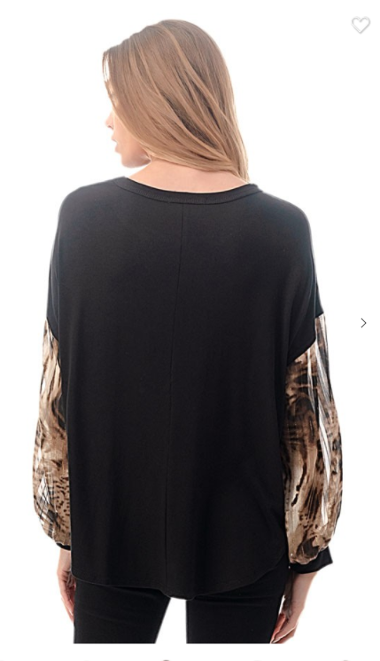 Printed Contrast Billow Sleeve Top