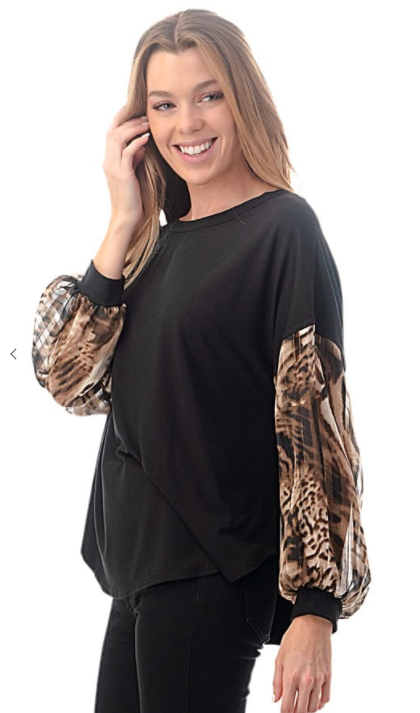 Printed Contrast Billow Sleeve Top