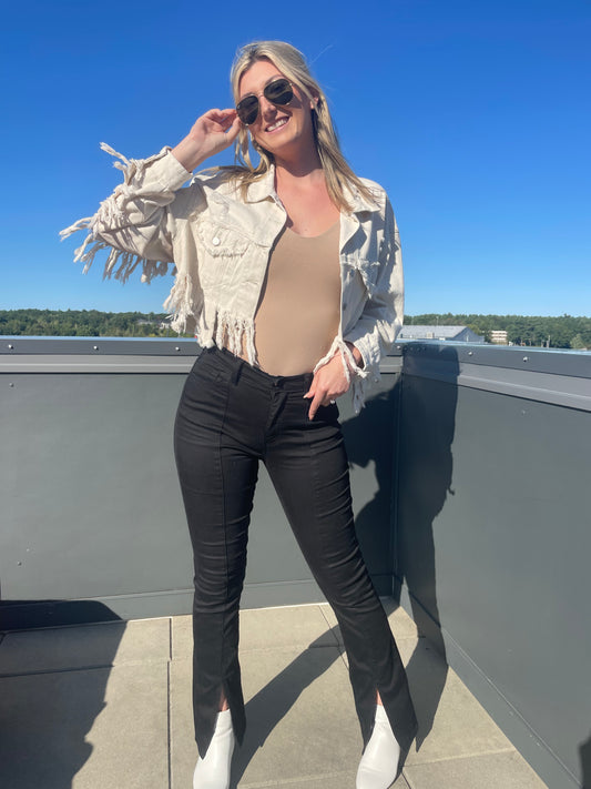 Fringe Distressed Crop Denim Jacket