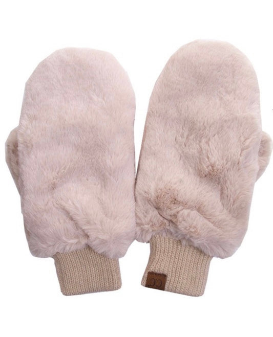 Fringe Fur Mittens - Beige