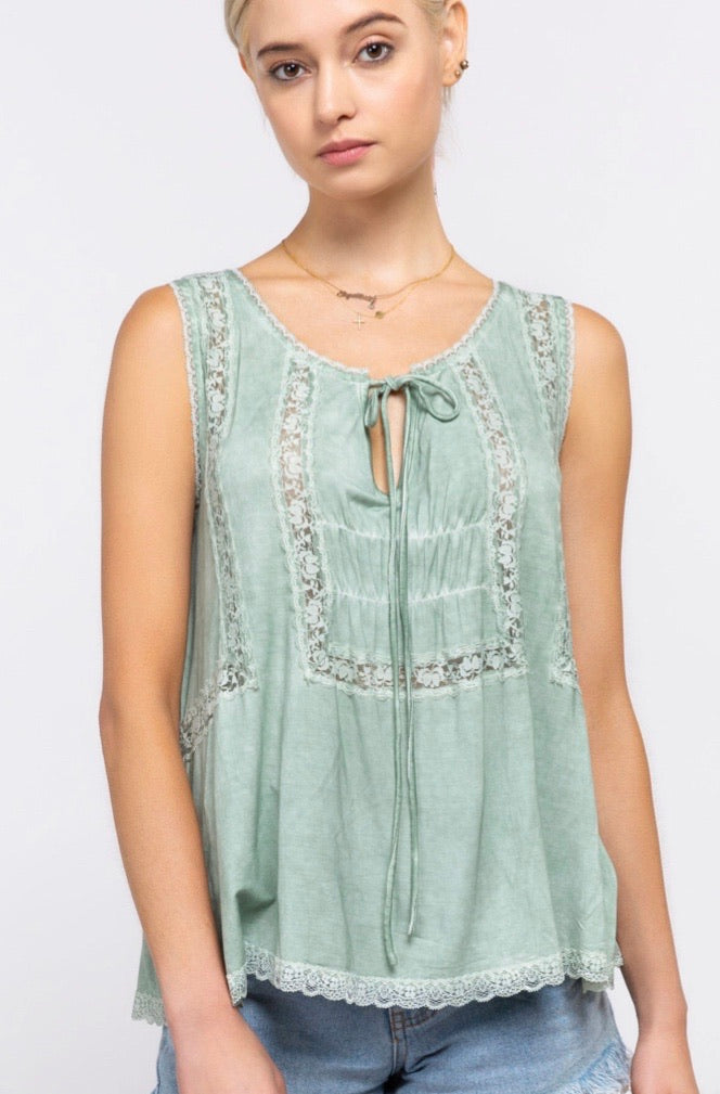 Sleeveless Peasant Top With Lace Trim