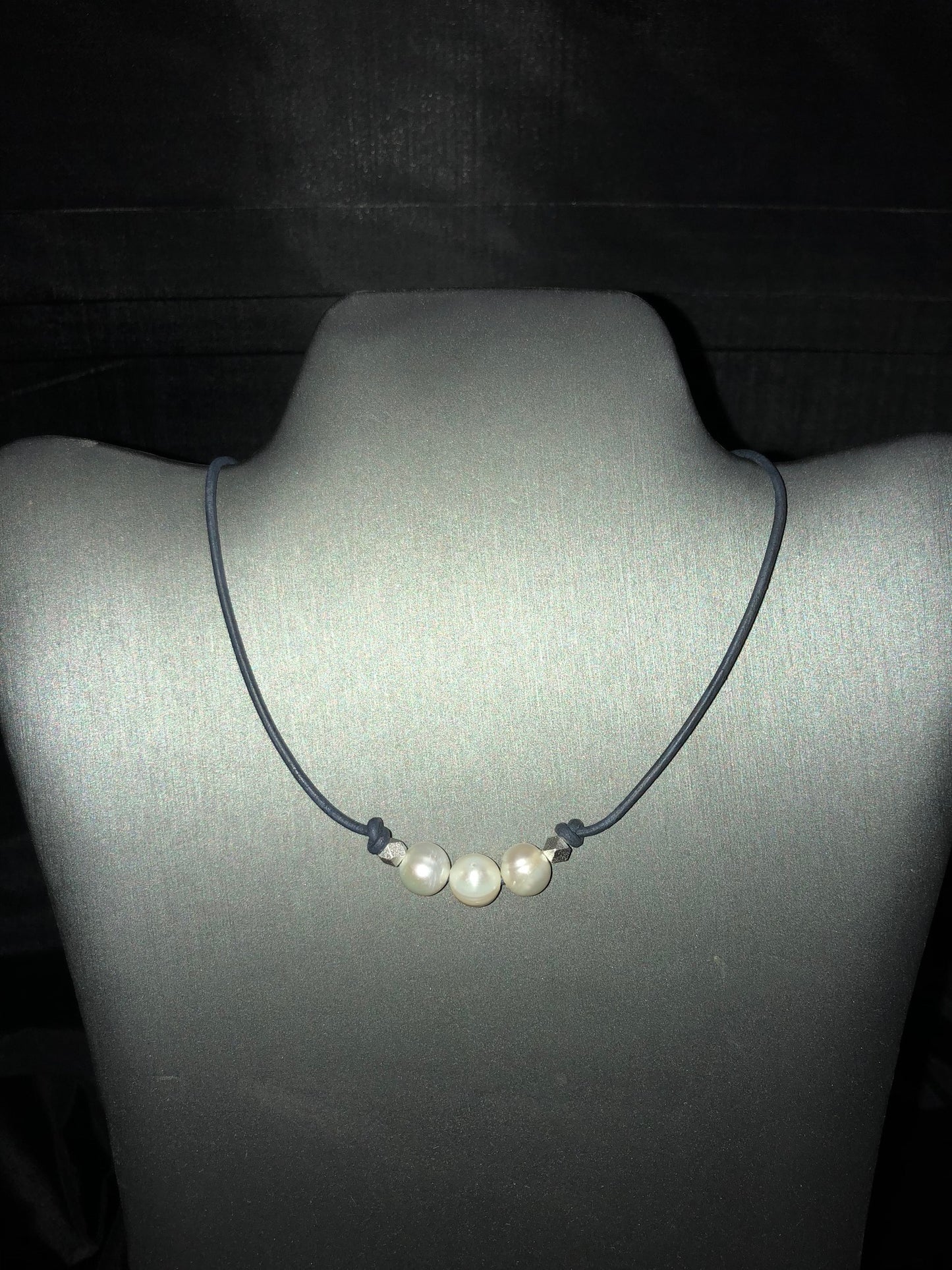 Matte Blue Freshwater Pearl and leather Necklace/Choker